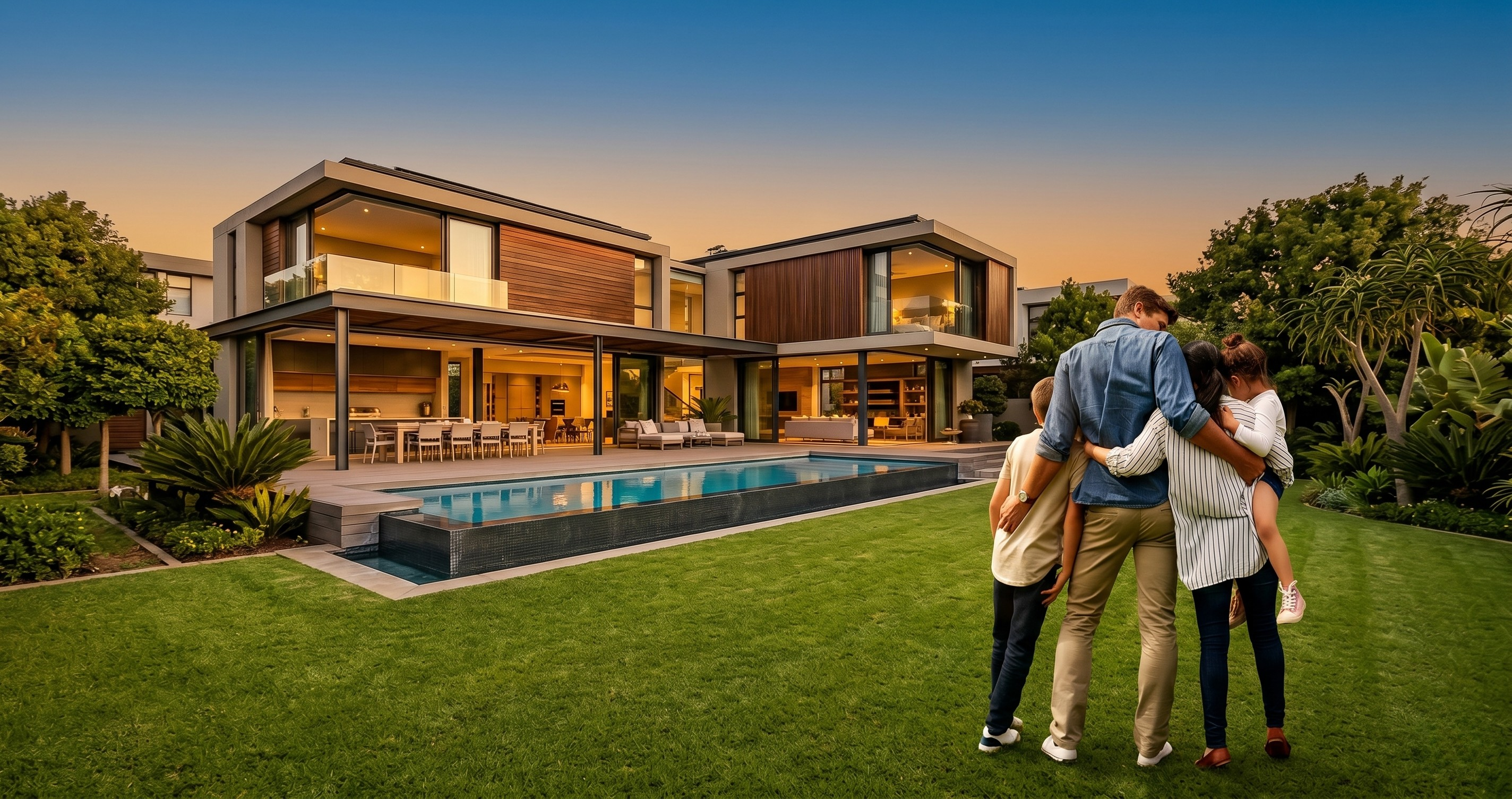 Família em frente a mansão moderna com piscina ao entardecer