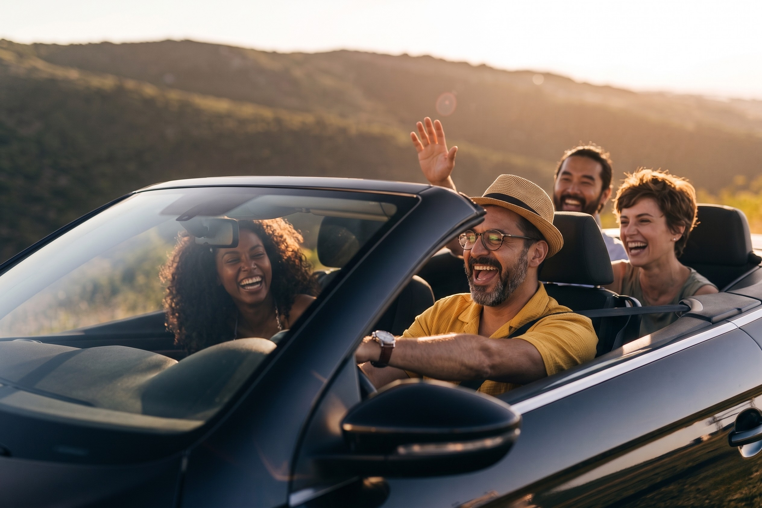 Família celebrando a conquista do novo carro, expressando liberdade e realização